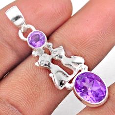 4.39cts natural purple amethyst 925 sterling silver two cats pendant u4173