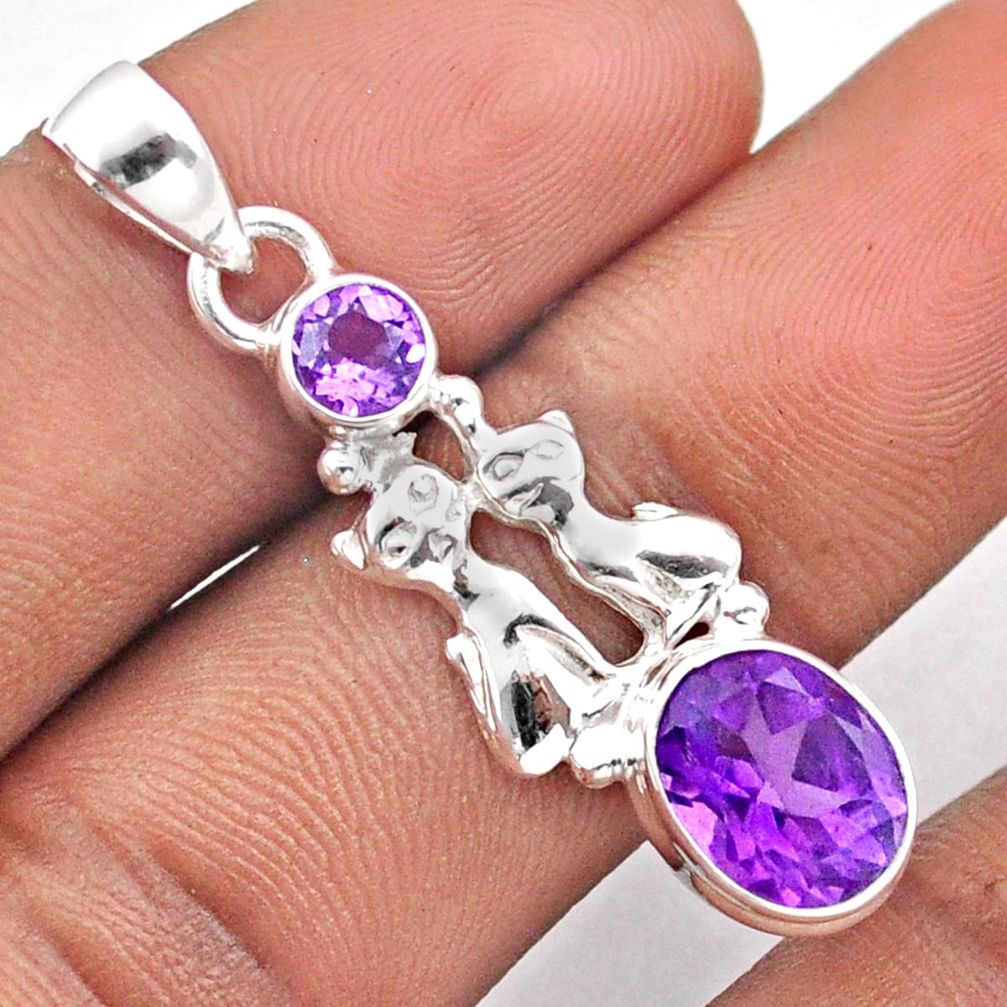 4.67cts natural purple amethyst 925 sterling silver two cats pendant u4176