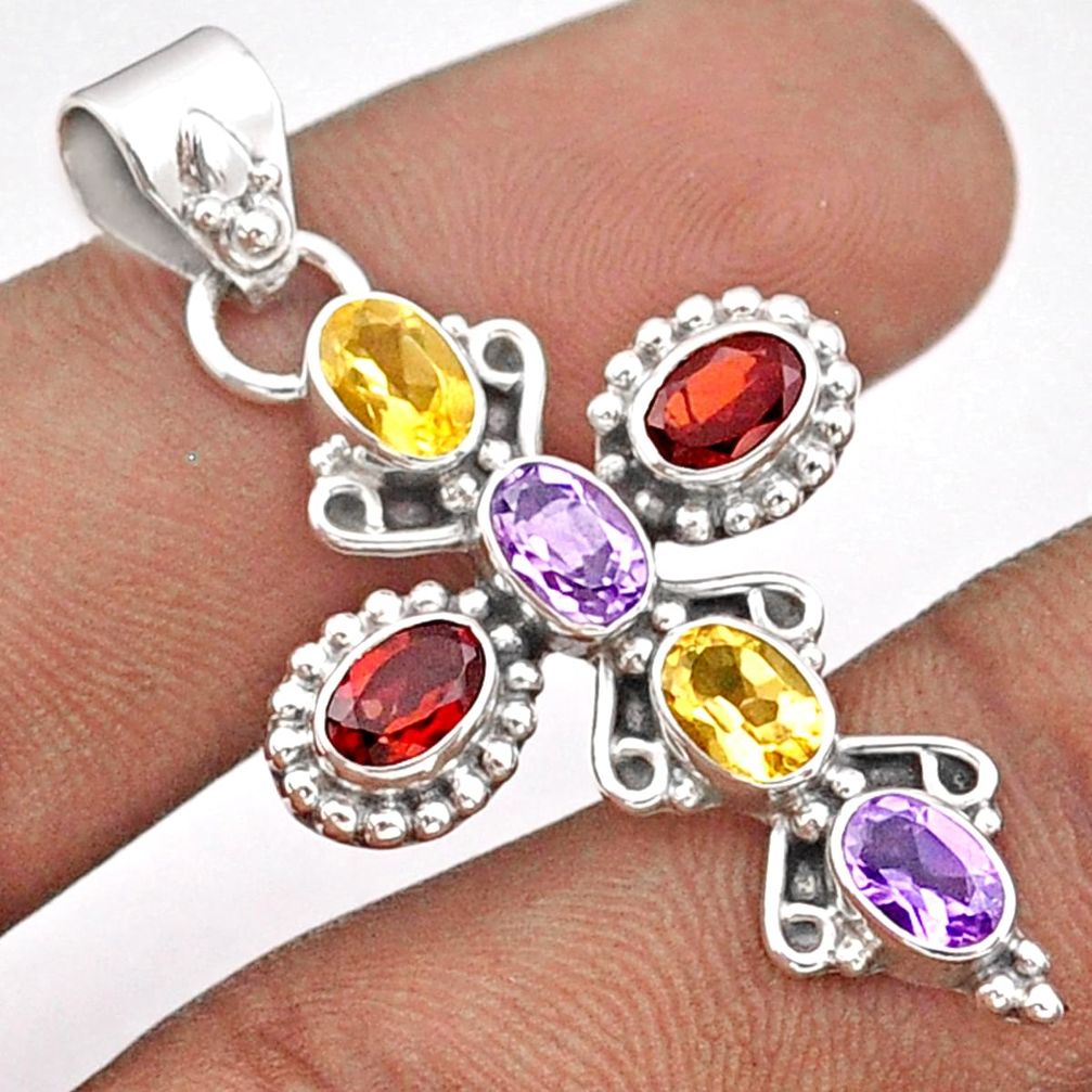 6.11cts natural purple amethyst citrine garnet 925 silver cross pendant t92405