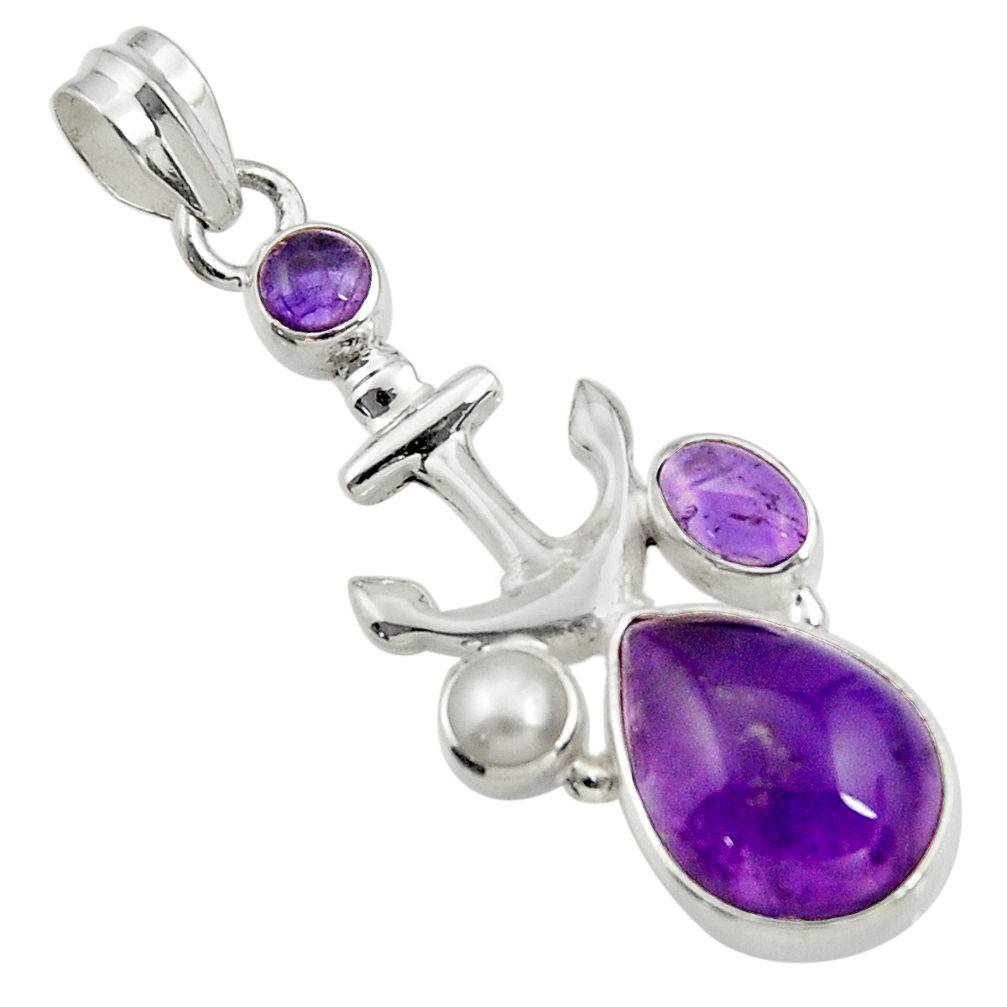 12.83cts natural purple amethyst pearl 925 silver anchor charm pendant d43592