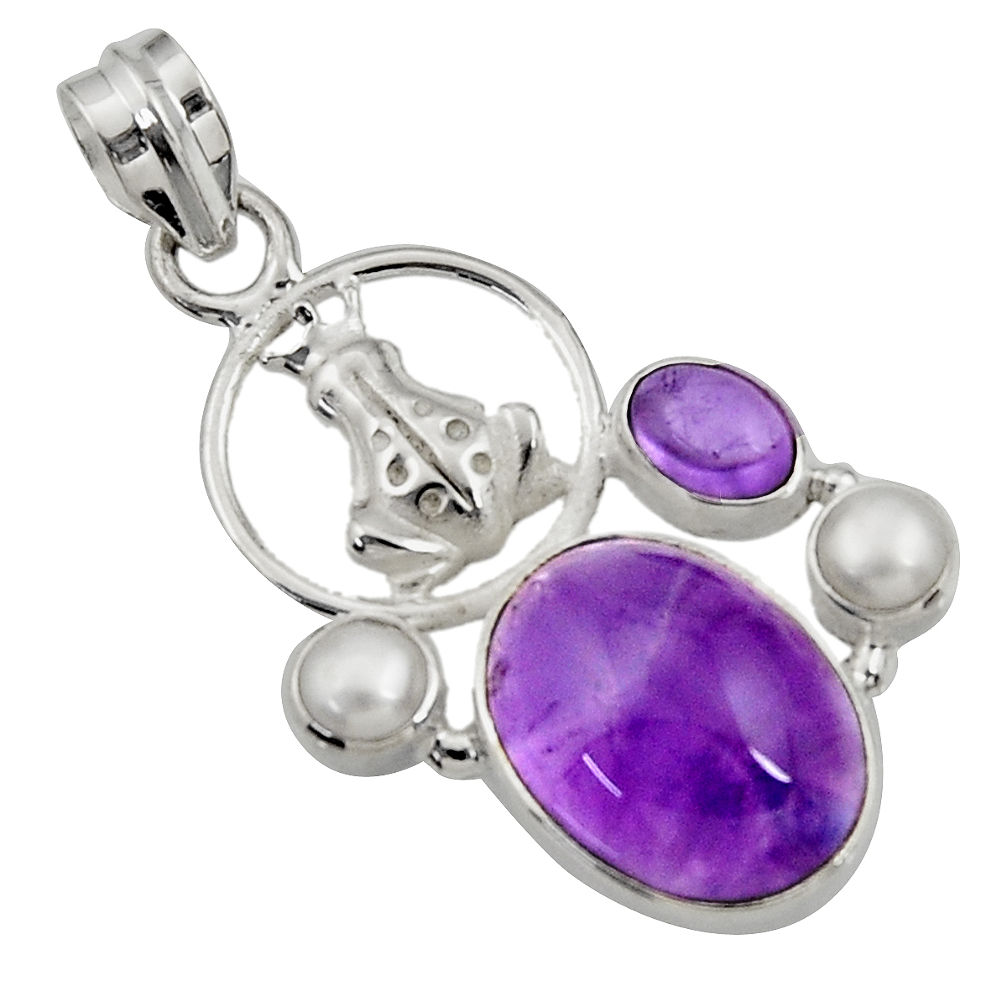 13.71cts natural purple amethyst pearl 925 sterling silver frog pendant d43600