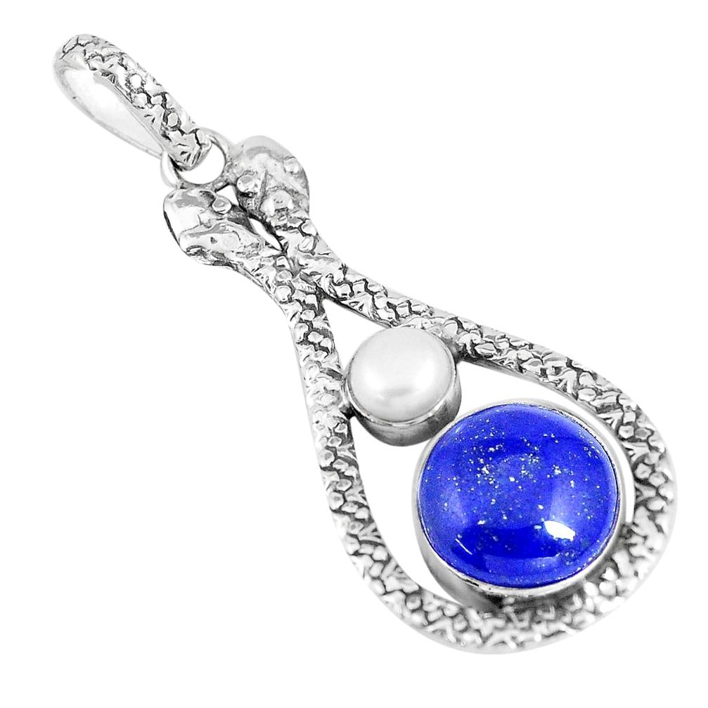 11.54cts natural blue lapis lazuli pearl 925 sterling silver snake pendant p7546