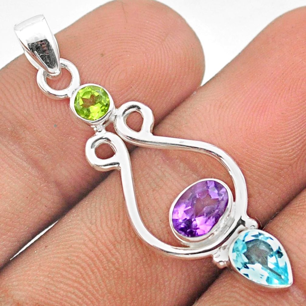 3.12cts natural purple amethyst peridot topaz 925 sterling silver handmade faceted pendant u15045