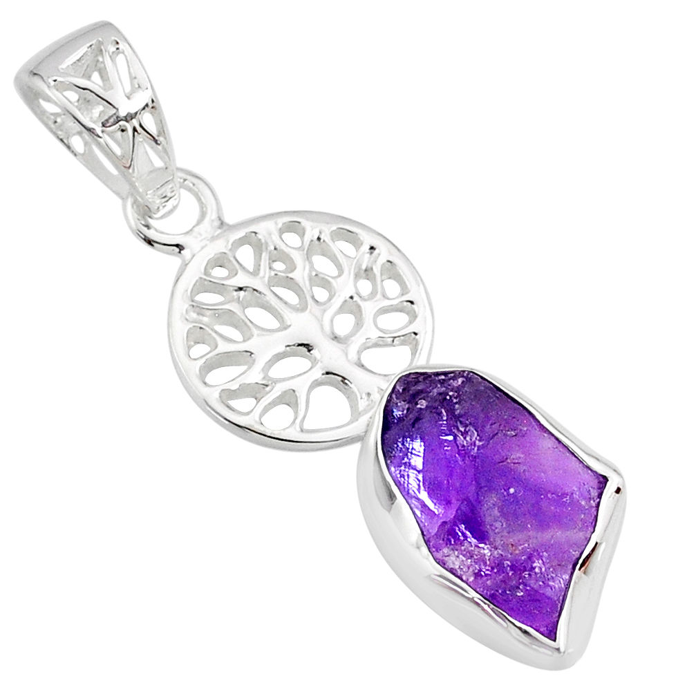 5.96cts natural purple amethyst rough 925 silver tree of life pendant r81046