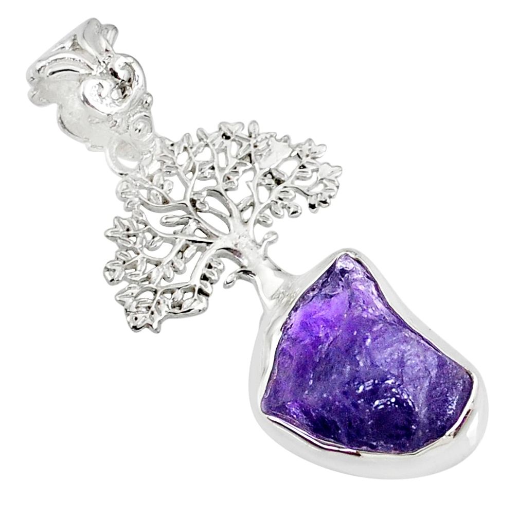 6.54cts natural purple amethyst rough 925 silver tree of life pendant r81054