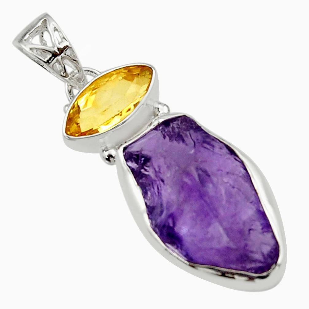 15.08cts natural purple amethyst rough yellow citrine 925 silver pendant r29791