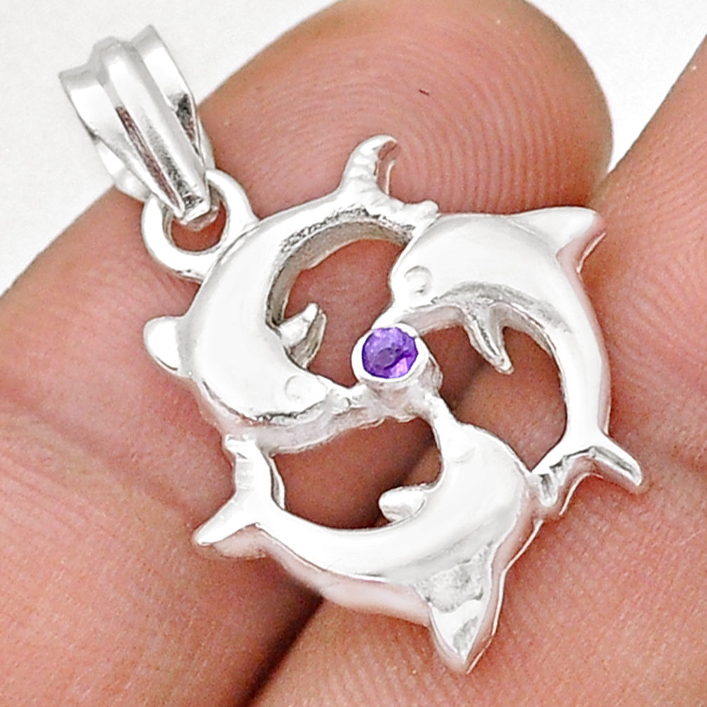 0.29cts natural purple amethyst round 925 sterling silver dolphin pendant u76760