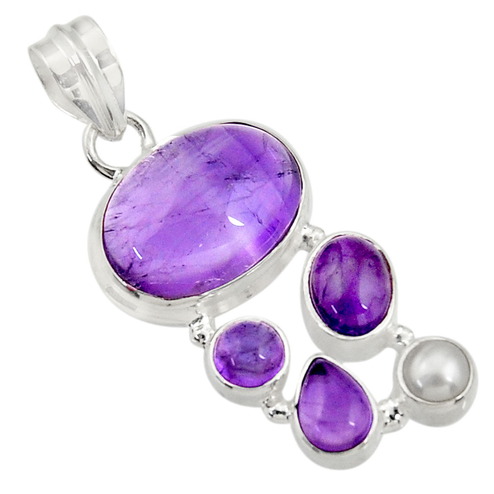 14.12cts natural purple amethyst white pearl 925 sterling silver pendant d43610