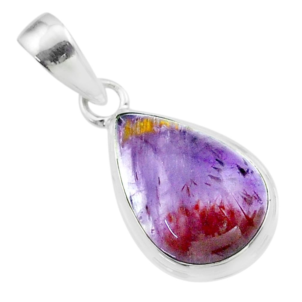 7.56cts natural purple cacoxenite super seven pear 925 silver pendant t56765