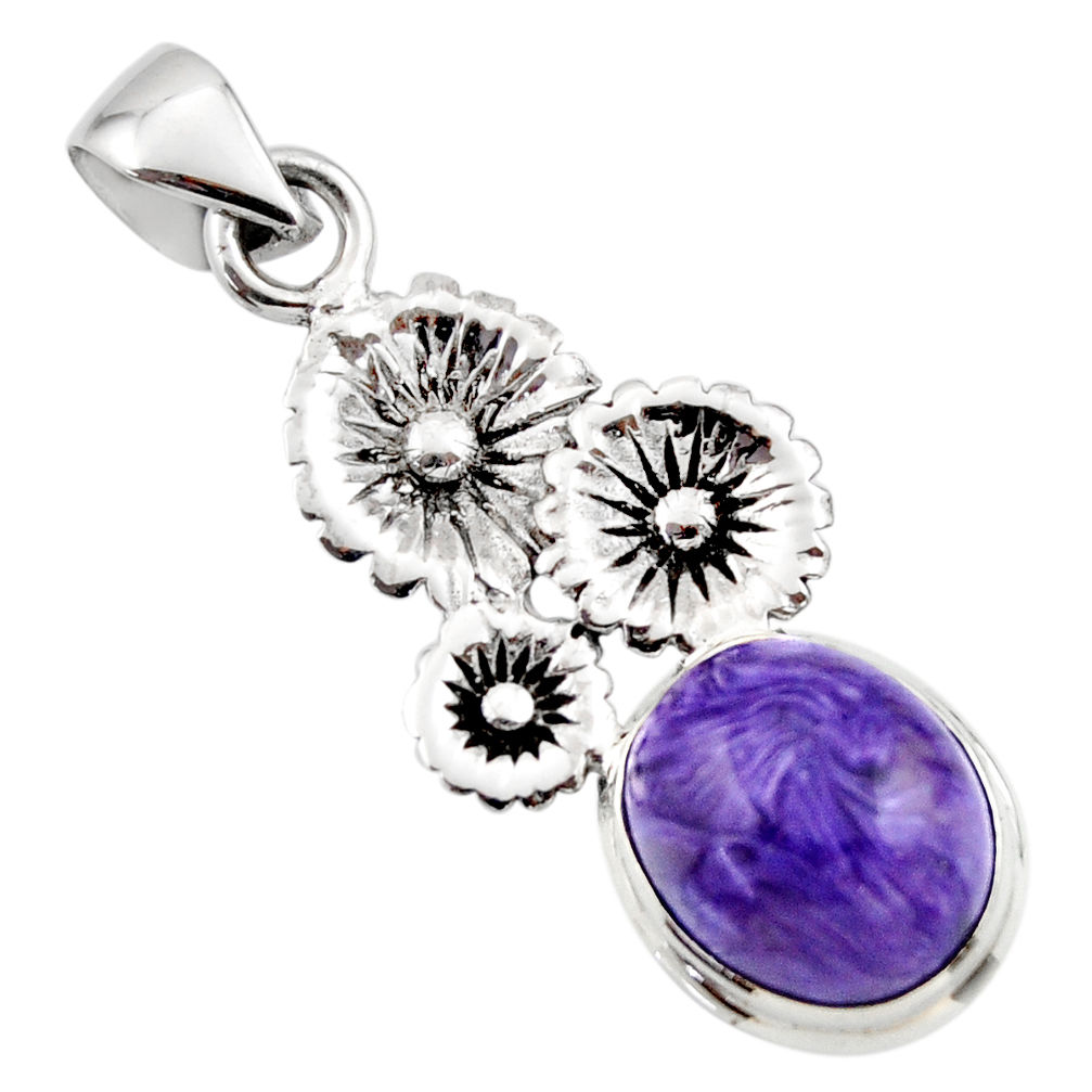 5.35cts natural purple charoite (siberian) 925 silver flower pendant r44184