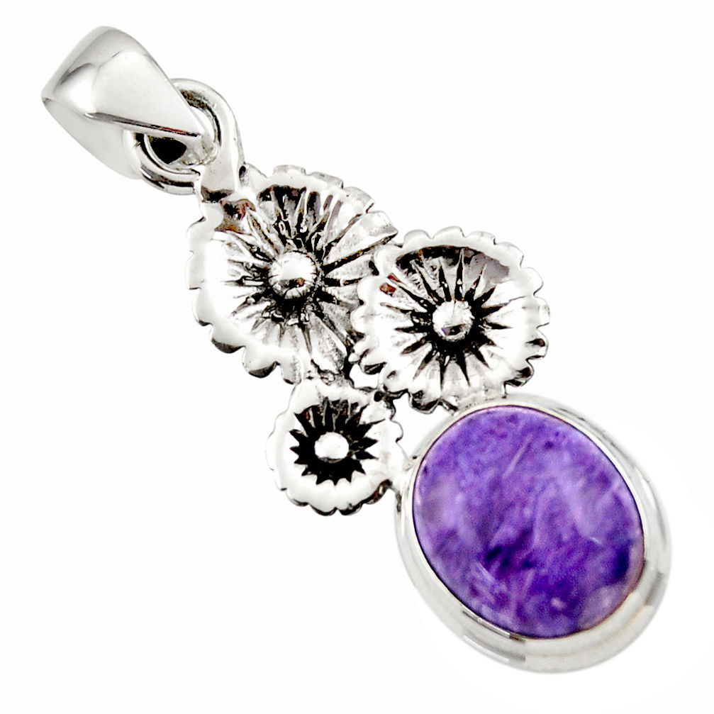 5.14cts natural purple charoite (siberian) 925 silver flower pendant r44186