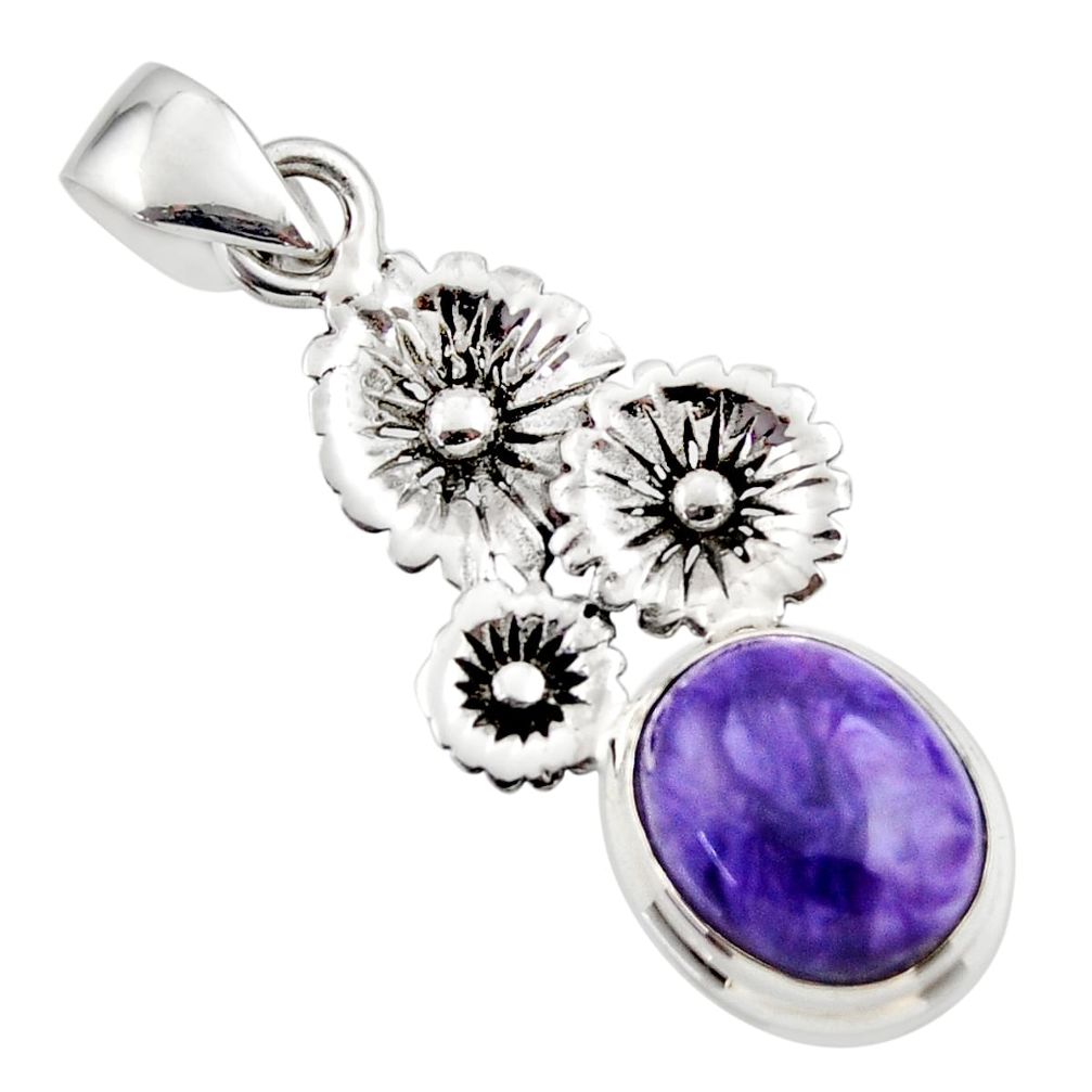 5.08cts natural purple charoite (siberian) 925 silver flower pendant r44188