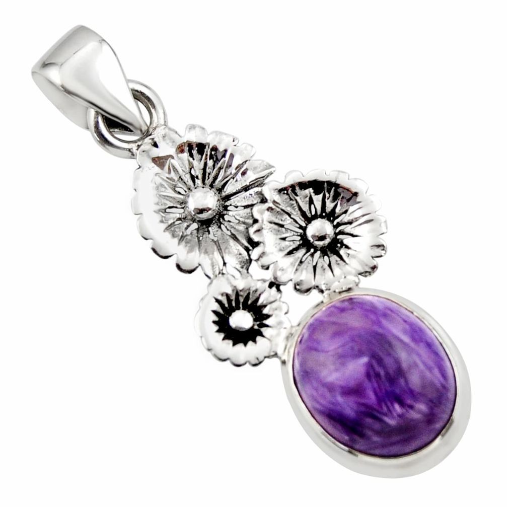 4.86cts natural purple charoite (siberian) 925 silver flower pendant r44190