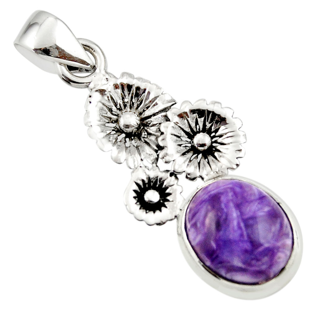 5.00cts natural purple charoite (siberian) 925 silver flower pendant r44192