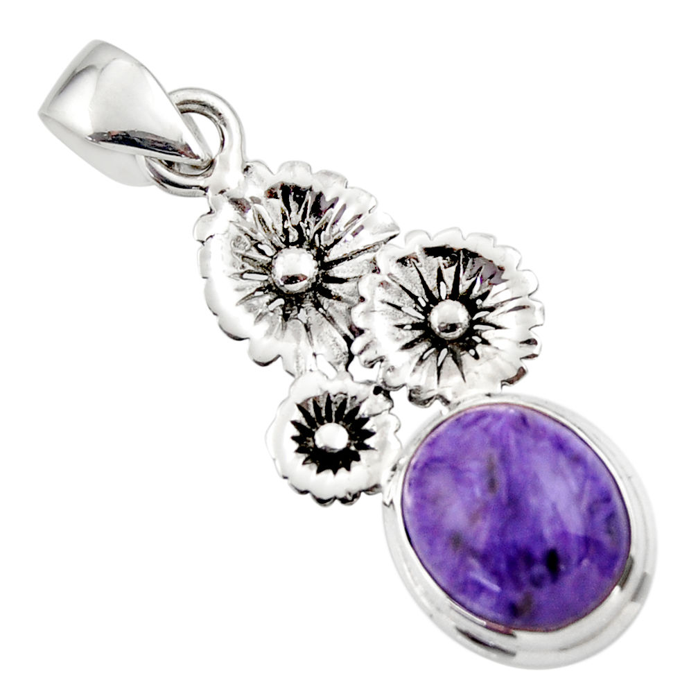 5.35cts natural purple charoite (siberian) 925 silver flower pendant r44193