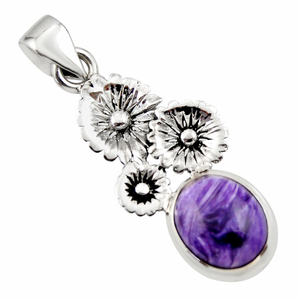 5.02cts natural purple charoite (siberian) 925 silver flower pendant r44196
