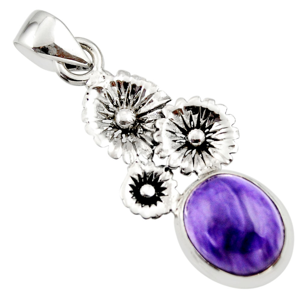 4.94cts natural purple charoite (siberian) 925 silver flower pendant r44198