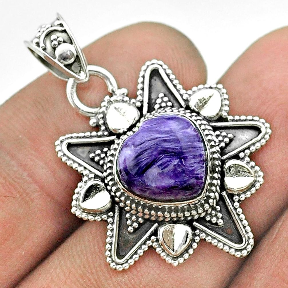 5.38cts natural purple charoite (siberian) 925 silver heart pendant t56071