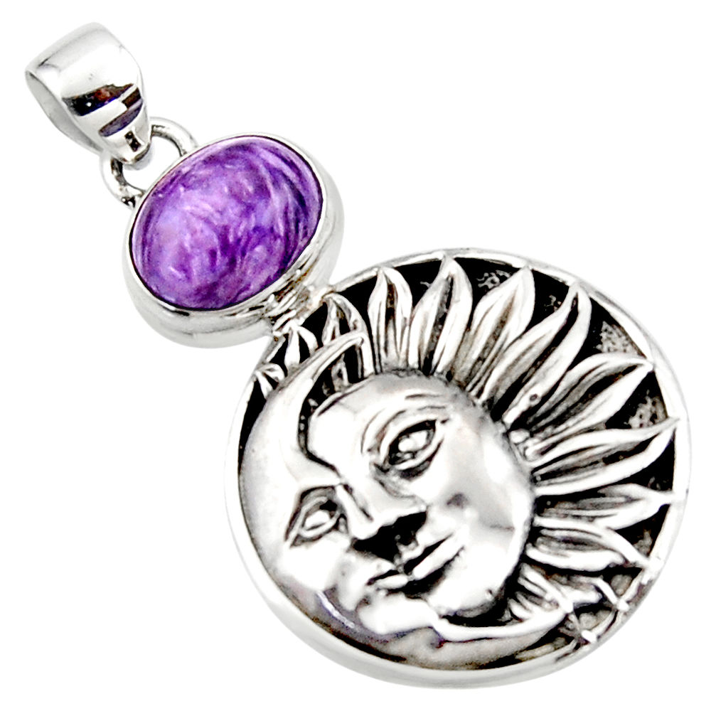 5.49cts natural purple charoite (siberian) 925 silver moon face pendant r52845