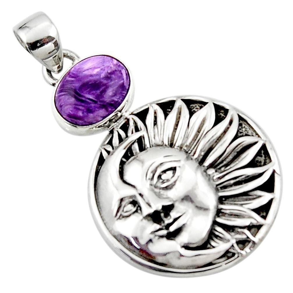 4.96cts natural purple charoite (siberian) 925 silver moon face pendant r52846