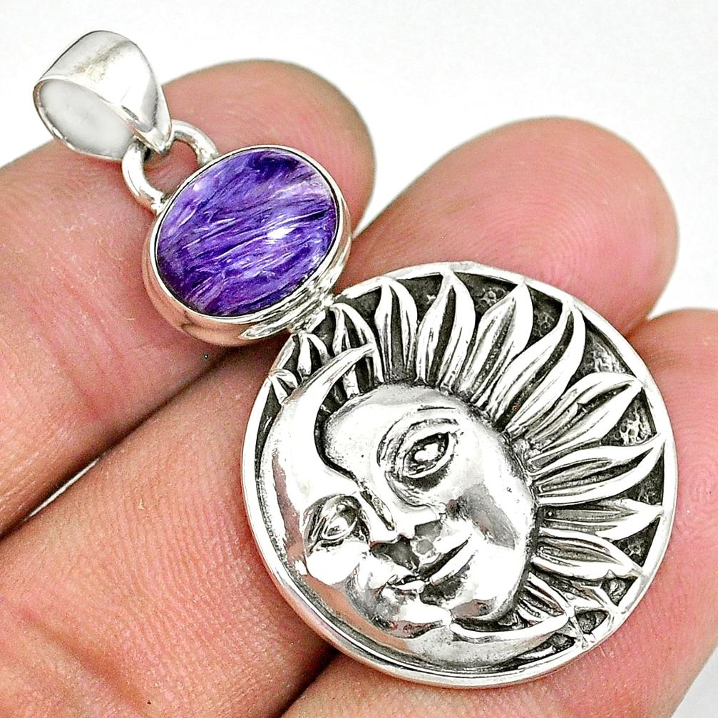 5.47cts natural purple charoite (siberian) 925 silver moon face pendant r90474