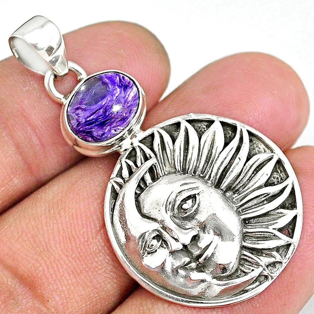 4.38cts natural purple charoite (siberian) 925 silver moon face pendant r90479