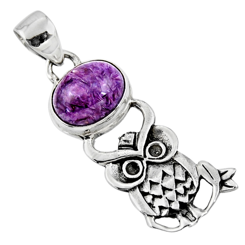 4.82cts natural purple charoite (siberian) 925 silver owl pendant r52901