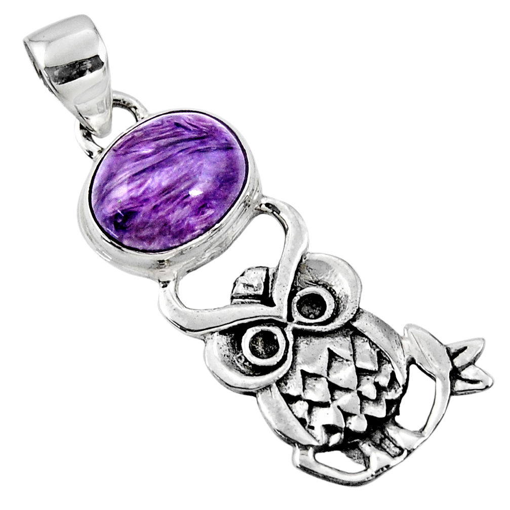 5.14cts natural purple charoite (siberian) 925 silver owl pendant r52902