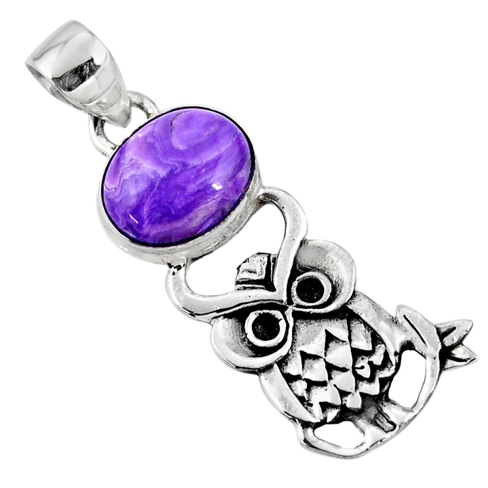 5.38cts natural purple charoite (siberian) 925 silver owl pendant r52903