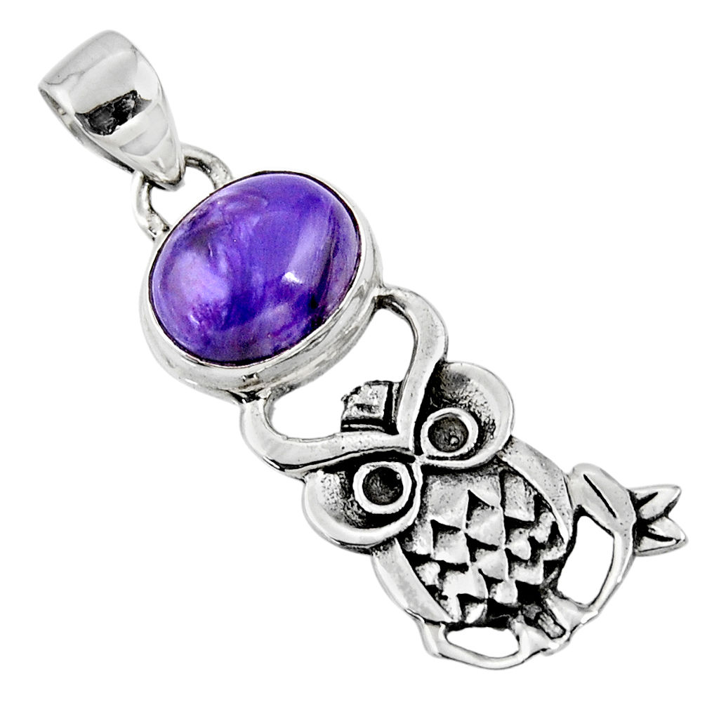 5.11cts natural purple charoite (siberian) oval 925 silver owl pendant r52936