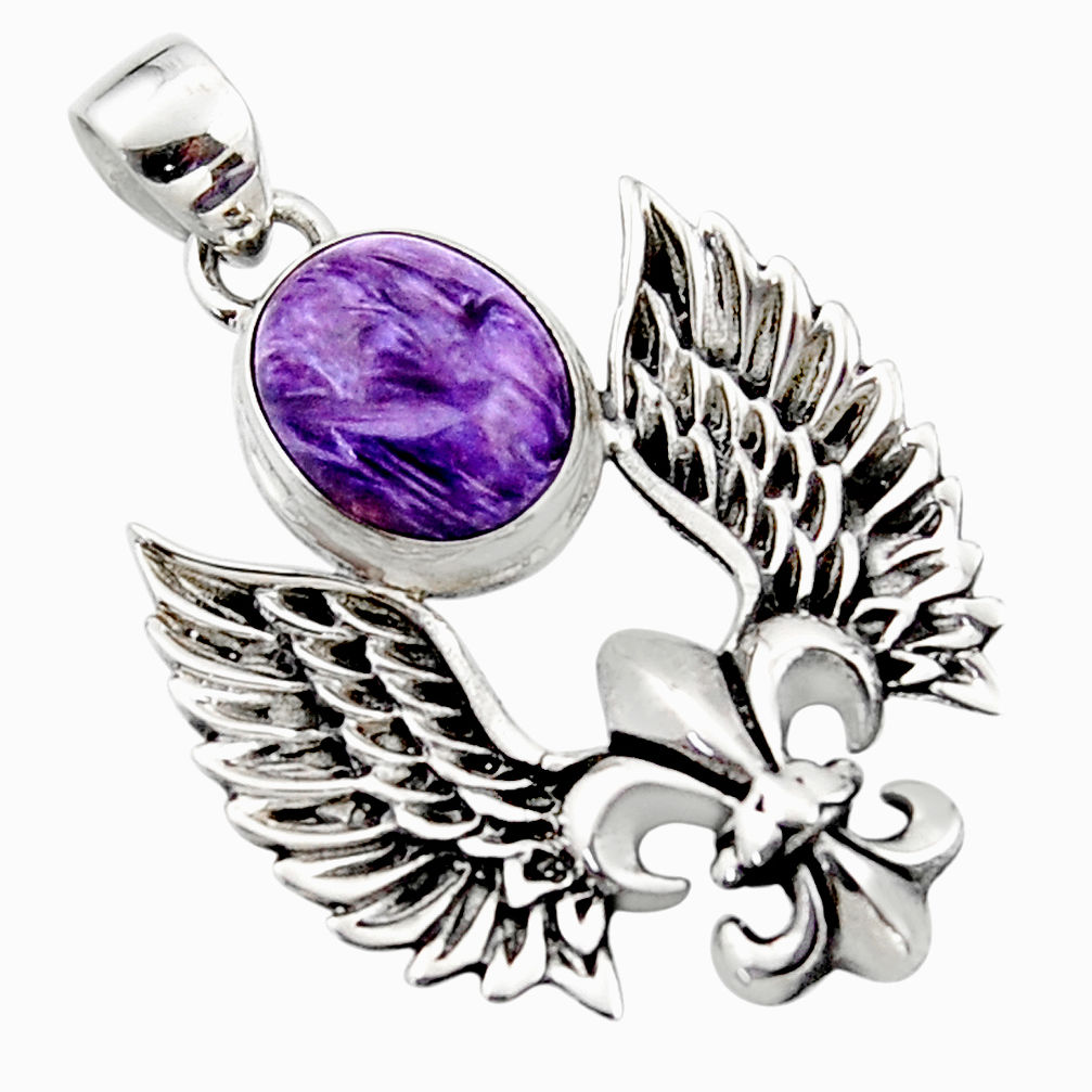 5.38cts natural purple charoite (siberian) silver feather charm pendant r52865