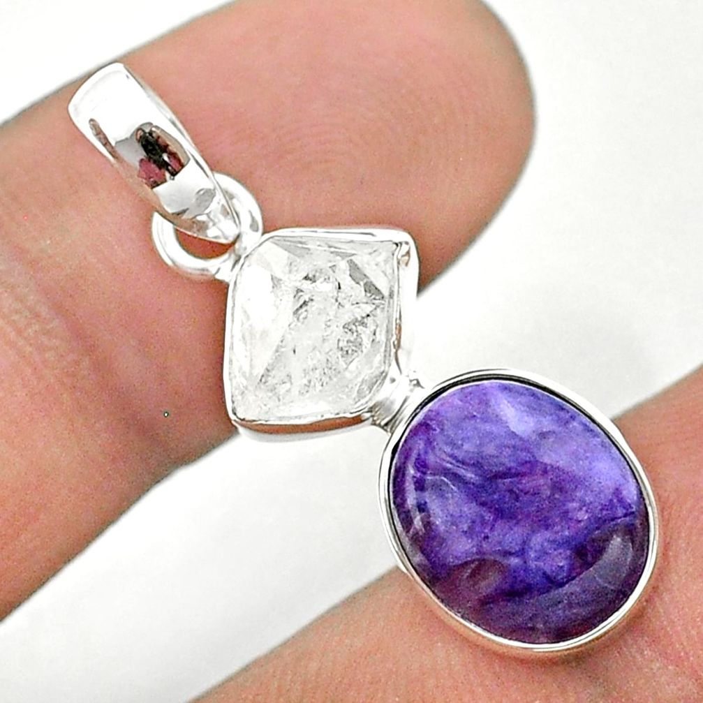 8.12cts natural purple charoite herkimer diamond 925 silver pendant t49145