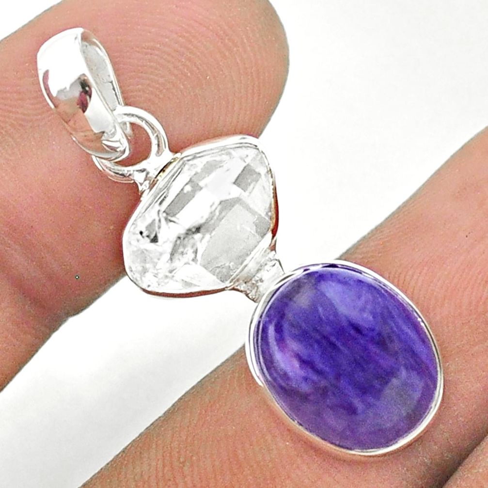 9.41cts natural purple charoite herkimer diamond 925 silver pendant t49147