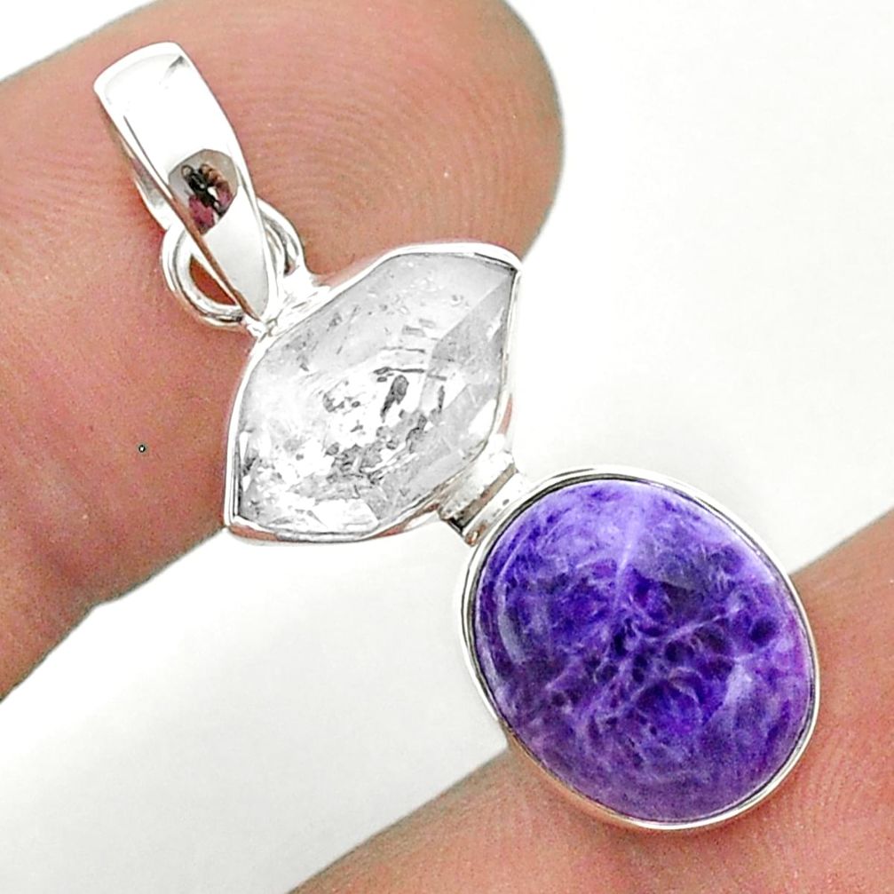 8.95cts natural purple charoite herkimer diamond 925 silver pendant t49153