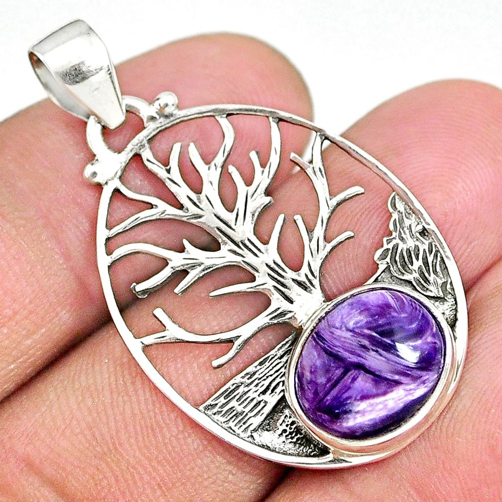 5.16cts natural purple charoite siberian 925 silver tree of life pendant r90426