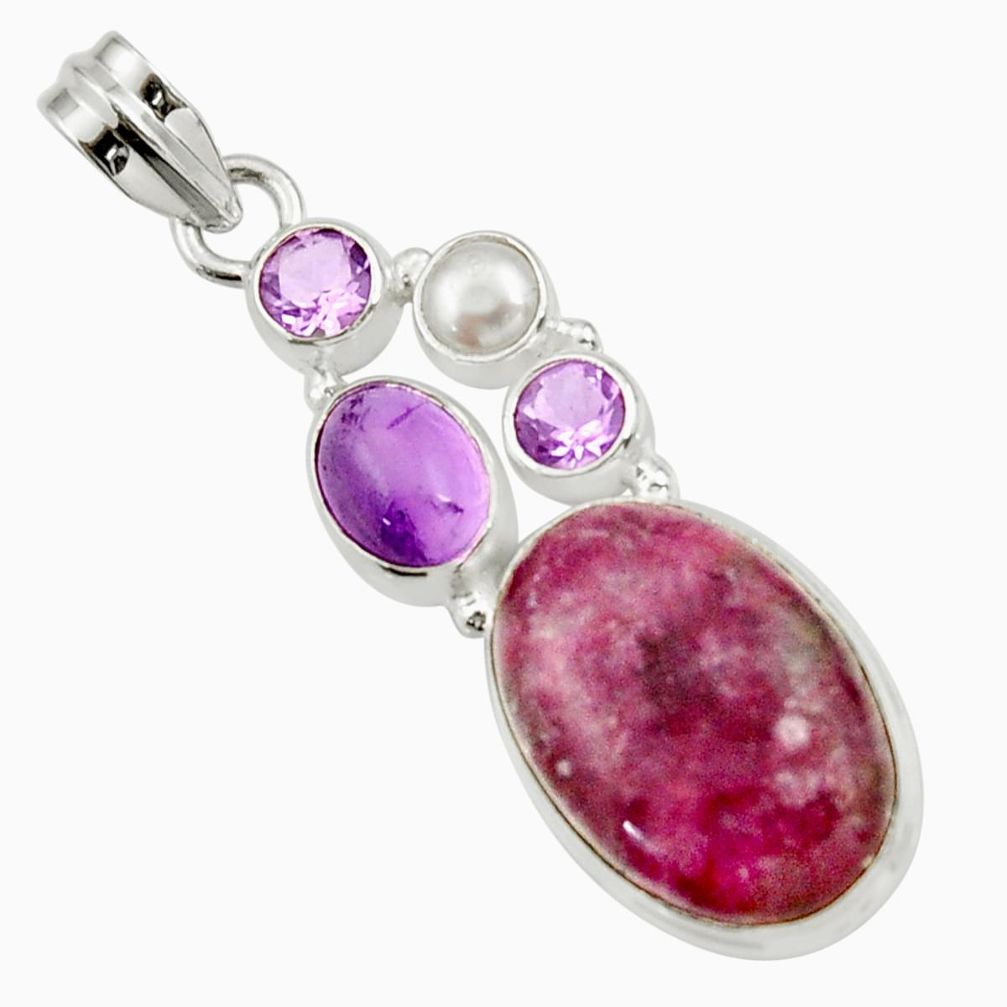 17.67cts natural purple lepidolite amethyst pearl 925 silver pendant d42861