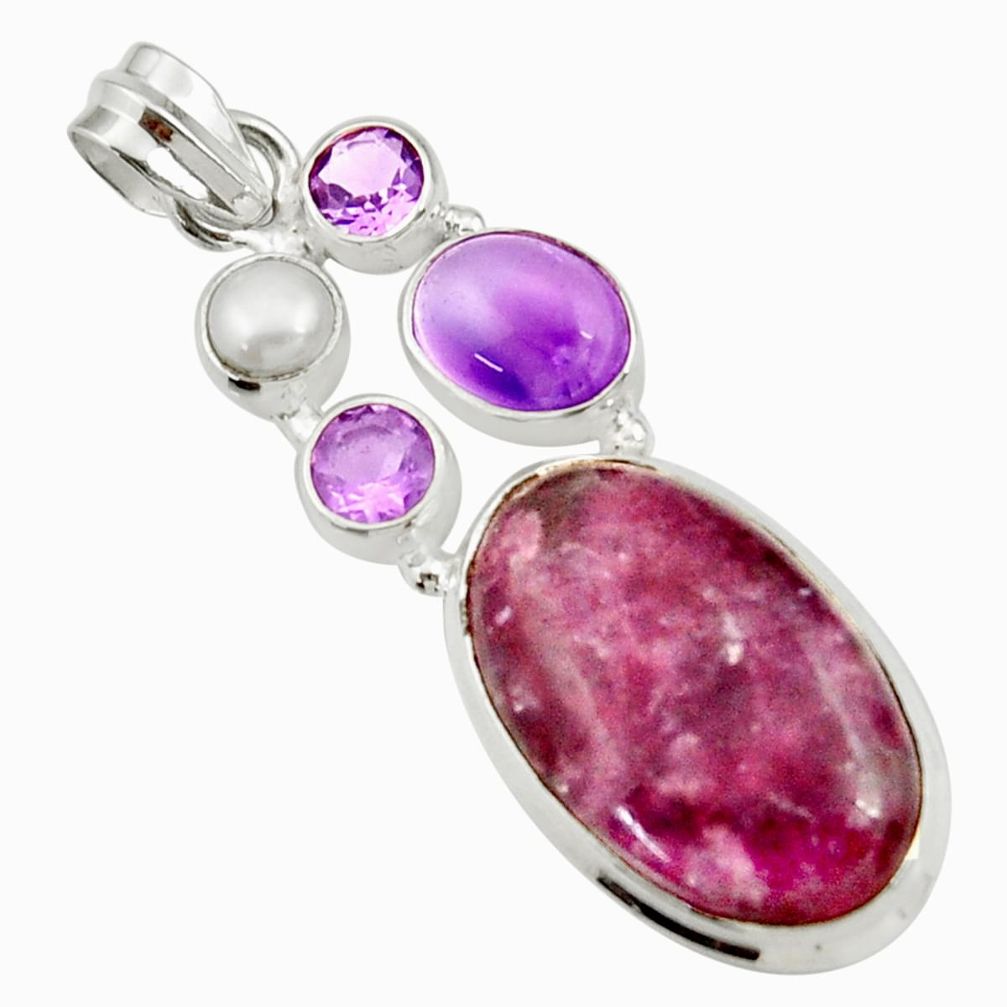 18.63cts natural purple lepidolite amethyst pearl 925 silver pendant d42862