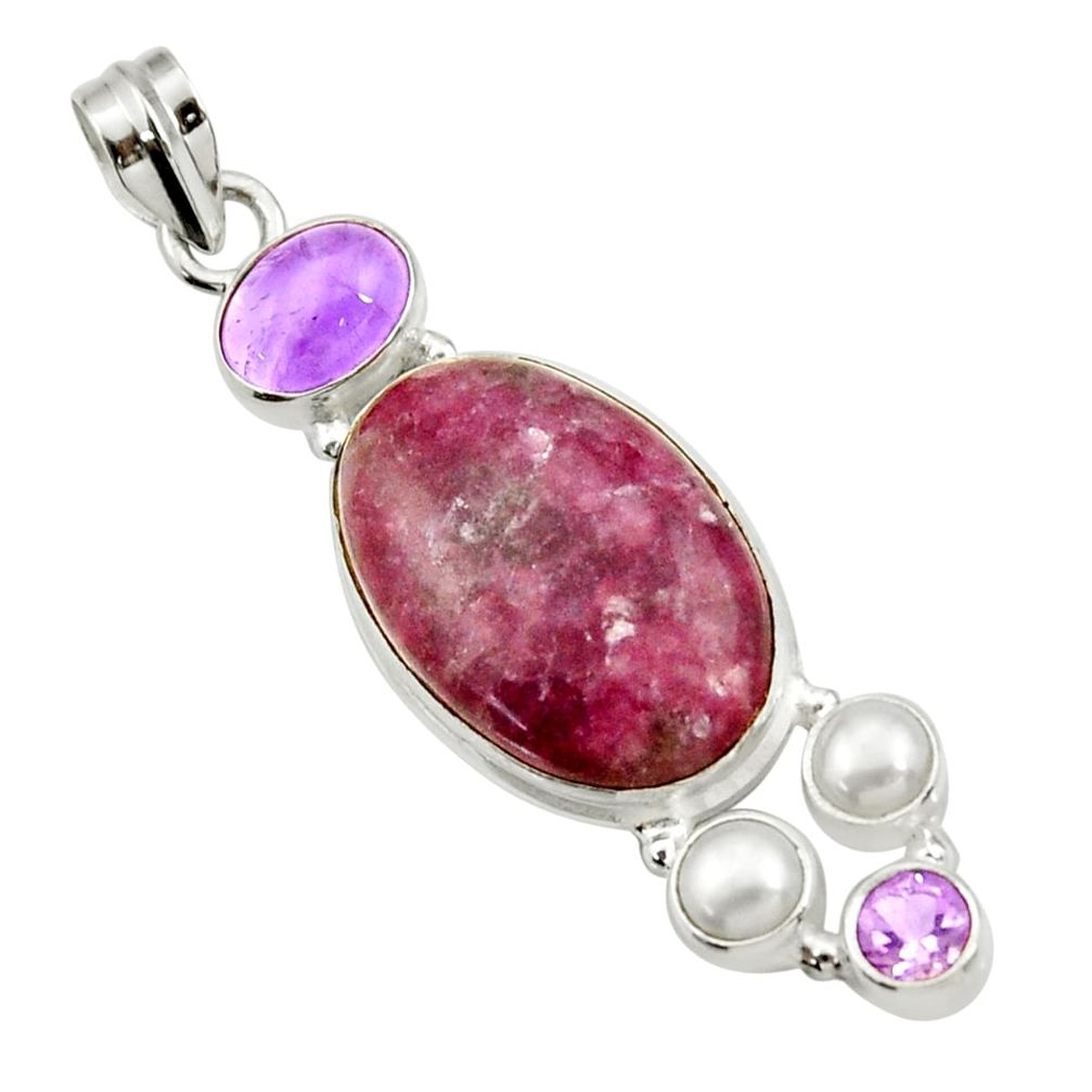 19.48cts natural purple lepidolite amethyst pearl 925 silver pendant d42865