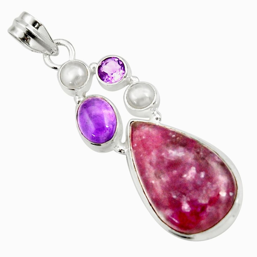 19.00cts natural purple lepidolite amethyst pearl 925 silver pendant d42869