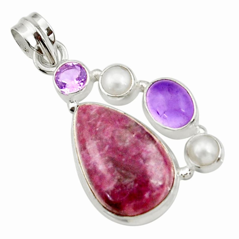 16.65cts natural purple lepidolite amethyst pearl 925 silver pendant d42870