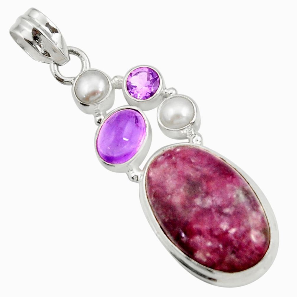 19.00cts natural purple lepidolite amethyst pearl 925 silver pendant d42873