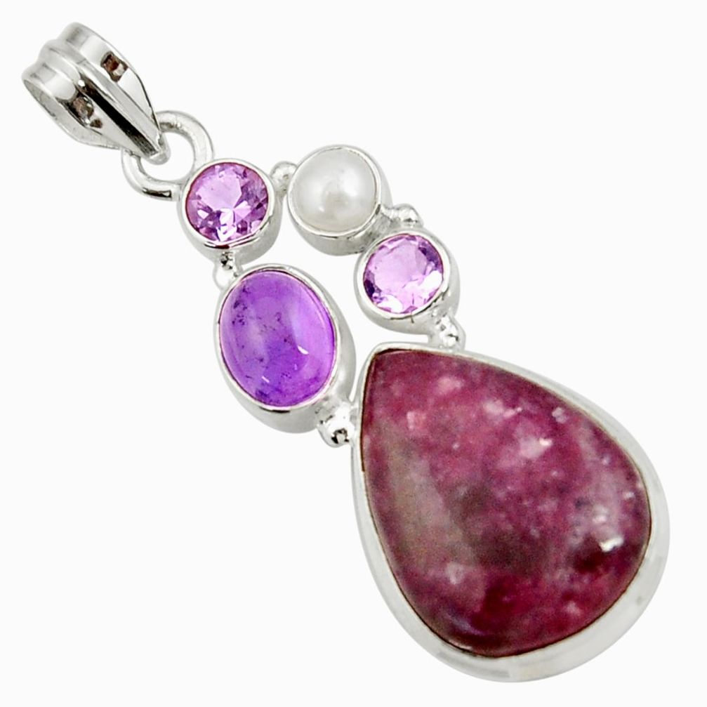 18.45cts natural purple lepidolite amethyst pearl 925 silver pendant d42874