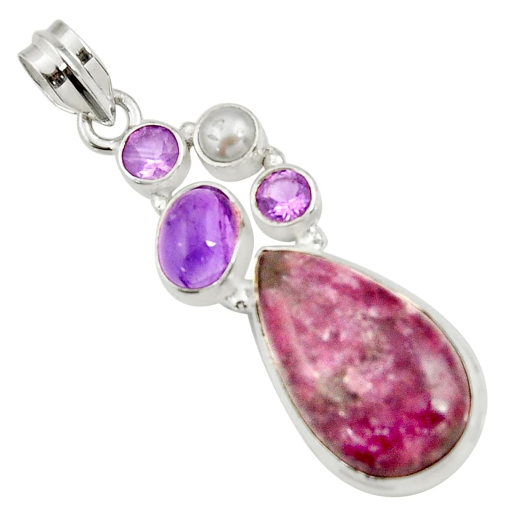 19.48cts natural purple lepidolite amethyst pearl 925 silver pendant d42876