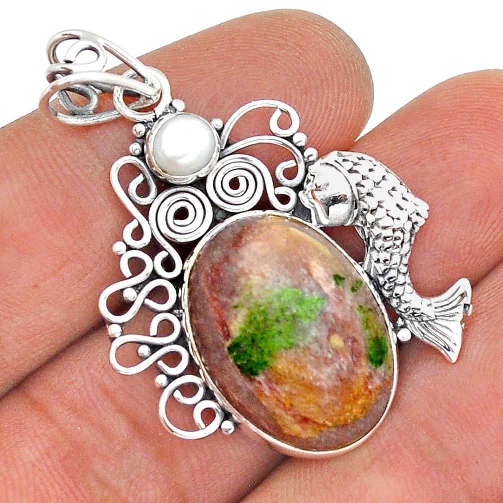 15.68cts natural purple muscovite pearl 925 sterling silver fish pendant u86789