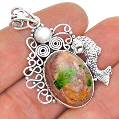 15.68cts natural purple muscovite pearl 925 sterling silver fish pendant u86789