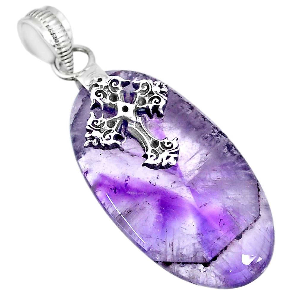 25.09cts natural purple star amethyst 925 silver holy cross pendant r91376