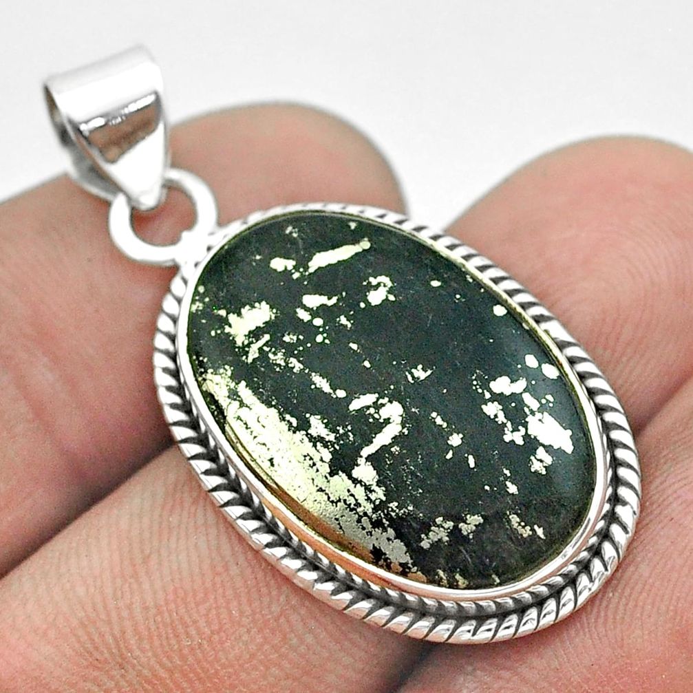 13.67cts natural pyrite in magnetite (healer's gold) 925 silver pendant t53719