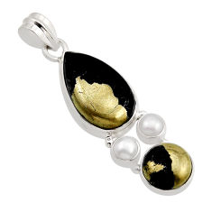 17.67cts natural pyrite in magnetite (healer's gold) pearl silver pendant n2262