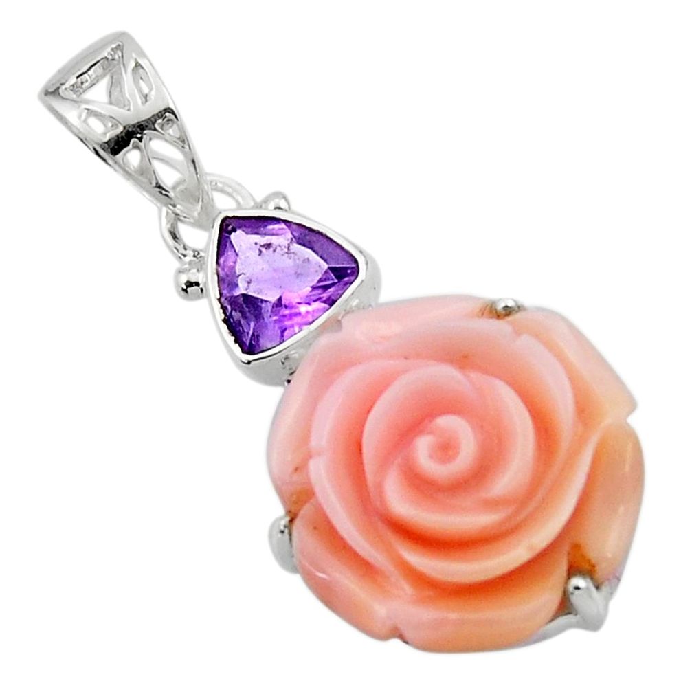 14.79cts natural queen conch shell flower amethyst 925 silver pendant r48822