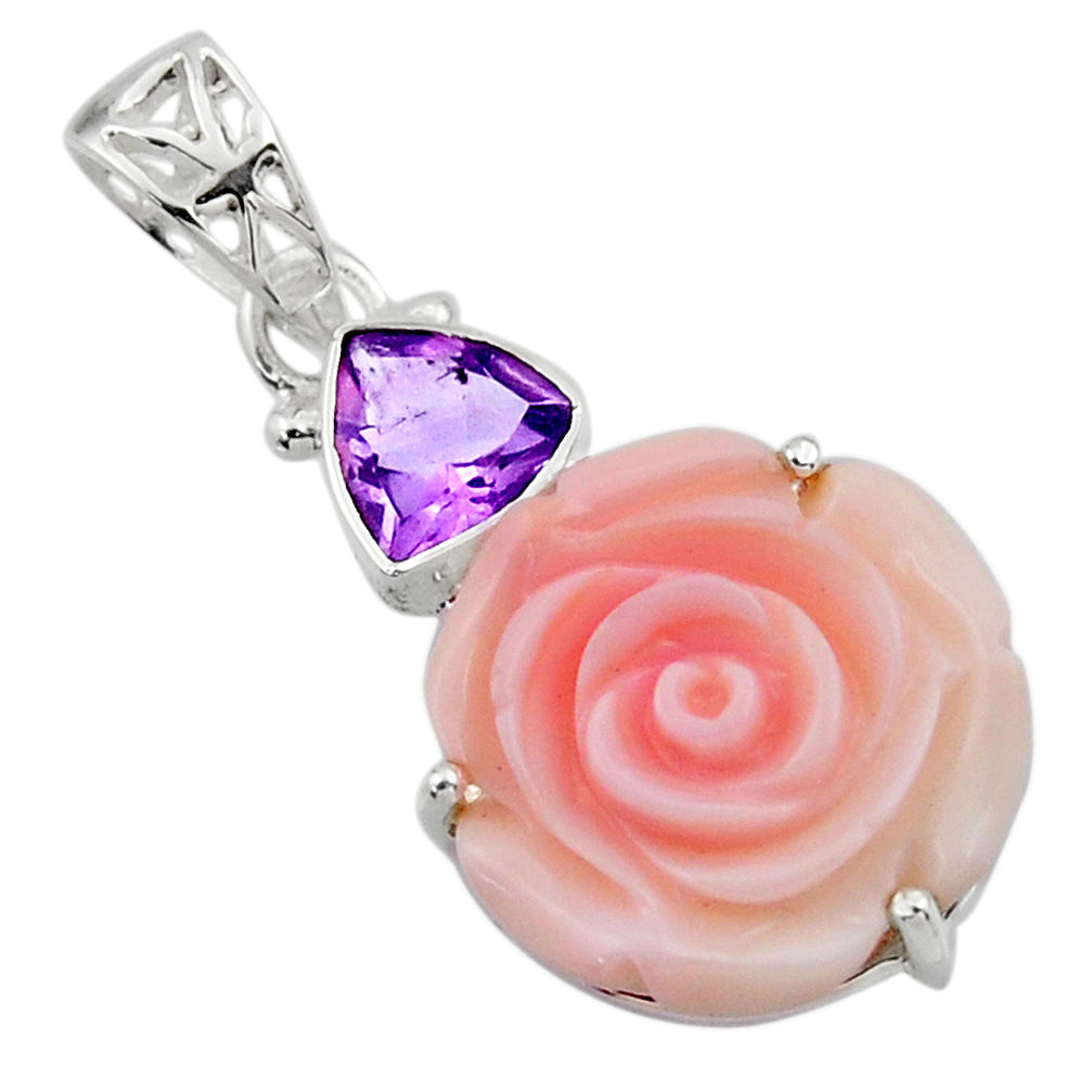 14.79cts natural queen conch shell flower amethyst 925 silver pendant r48823